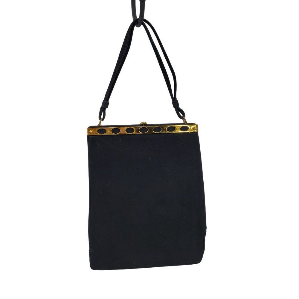 Vintage 60s Evening Bag Black Velvet Top Handle Ornate Gold Trim Push Lock Clasp